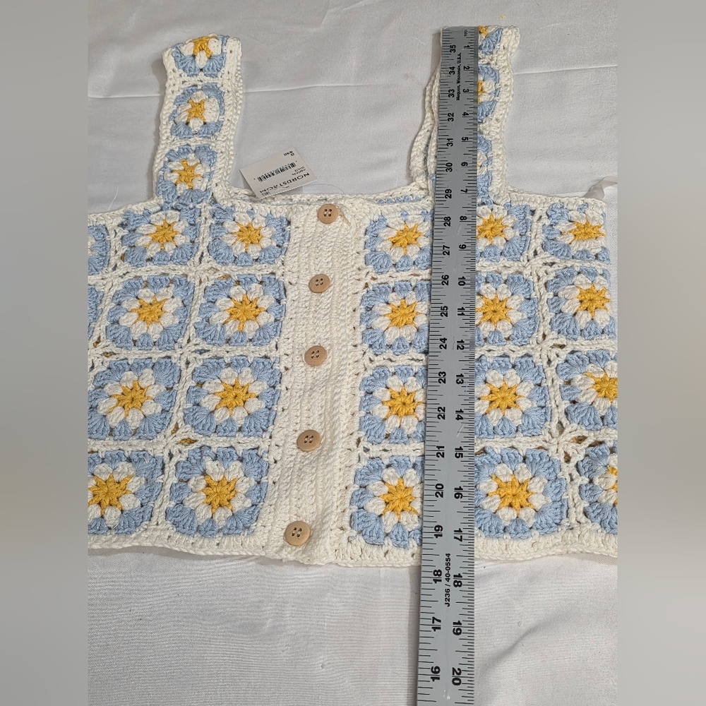 Cotton Emporium Blue and Yellow Vintage Inspired Crochet Crop Top Size Small - Picture 3 of 10